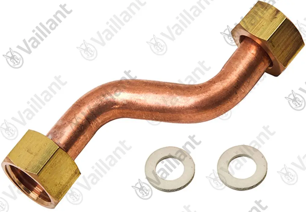 Kupferrohr mit einer gebogenen Form und zwei messingfarbenen Anschlüssen, begleitet von zwei Dichtungen, hergestellt von Vaillant.